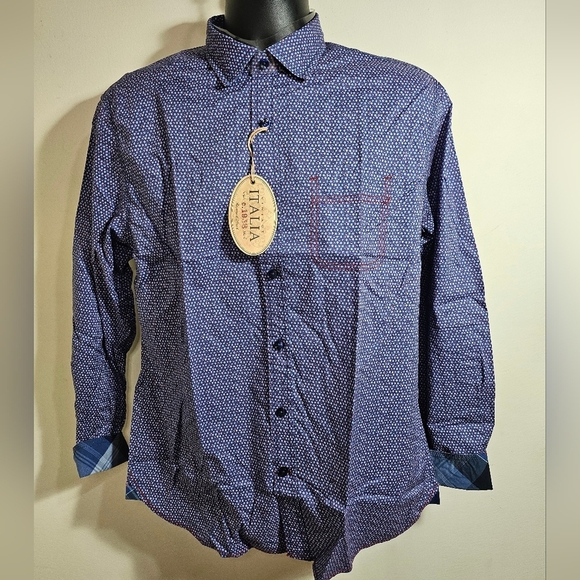 NEW Vintage Italia 1958 Cotton Long Sleeve Shirt Periwinkle Blue Pink Dot - Picture 4 of 14